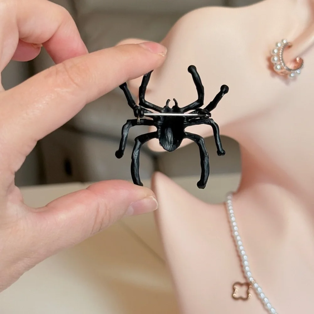 Black Crystal Spider Brooch - Rhinestone Accent